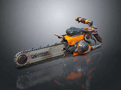 Industrial Chainsaw Equipment Featuring Orange Body Mechanical Structure Engine Part And Metal Chain 3d model