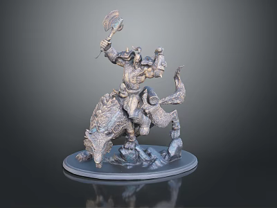Collectible Decorative Warrior Figurine With Wolf Mount And Metallic Design Base 3d model