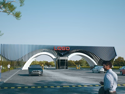 Modern Curved Entrance Gate With Metal Striped Exterior Logo Parking Lot Cars And Pedestrians 3d model