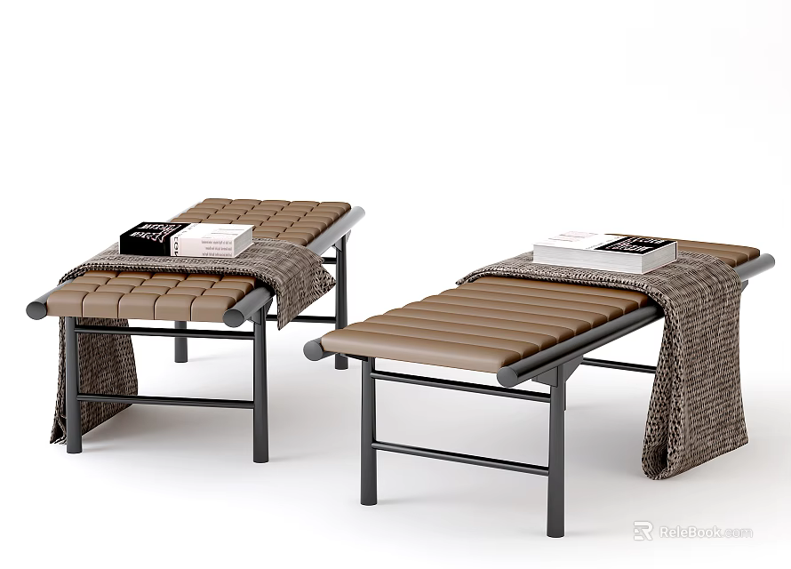 Two Brown Wooden Slat Footstools With Metal Frame And Blanket On Top 3d model 