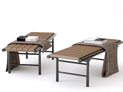 Two Brown Wooden Slat Footstools With Metal Frame And Blanket On Top 3d model