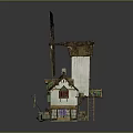 Cartoon Style Windmill House Scene With Ivy Covered Walls Pointed Roof And Small Boat