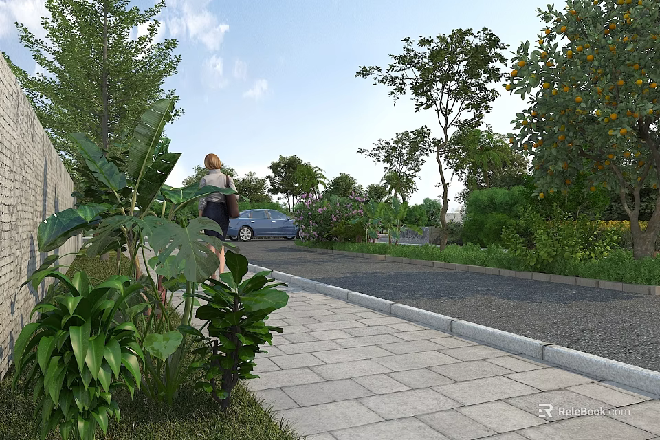Municipal Road Urban Streetscape With Lush Greenery Trees Stone Sidewalk Pedestrian And Blue Car 3d model 