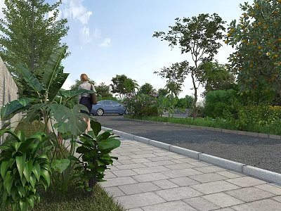 Municipal Road Urban Streetscape With Lush Greenery Trees Stone Sidewalk Pedestrian And Blue Car 3d model