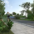 Municipal Road Urban Streetscape With Lush Greenery Trees Stone Sidewalk Pedestrian And Blue Car