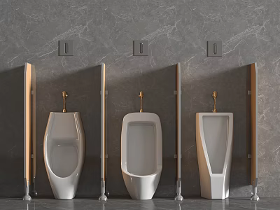 Modern Bathroom Urinals Design With Gray Marble Wall And Wooden Partitions 3d model