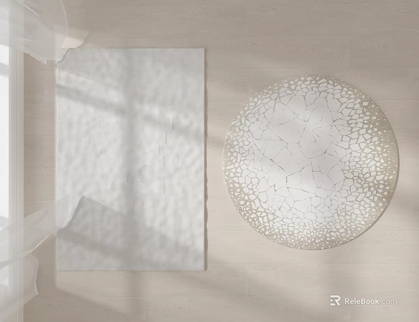Soft Woven White Round Rug With Intricate Cracked Pattern On Light Wooden Floor 3d model 