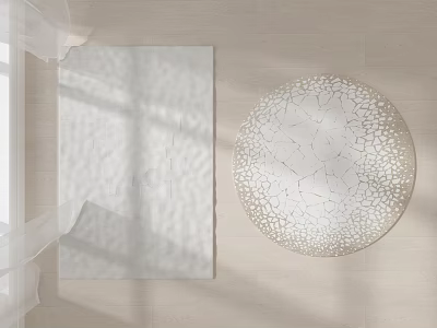 Soft Woven White Round Rug With Intricate Cracked Pattern On Light Wooden Floor 3d model