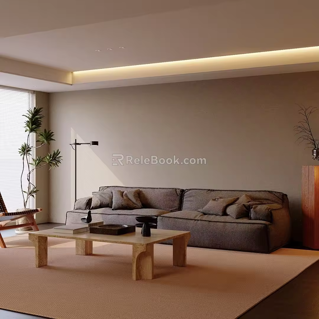 Vintage Silent Sofa Combination Coffee Table Carpet Green Planting 3d model