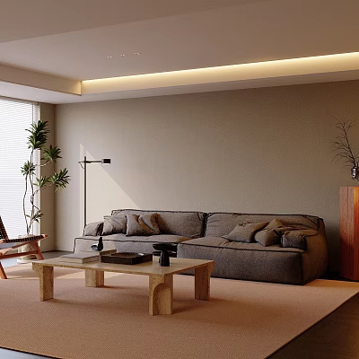 Modern Living Room Interior With Beige Walls Ceiling Light Strips And Gray L Shaped Sofa 3d model