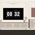 White TV Stand With Lattice Doors In Room With Vintage Decorative Wall And TV