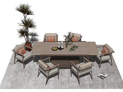 Elegant Dining Table Set With Six Chairs Green Plant Decorations Area Rug And Magazine 3d model