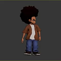 Stylized 3D Character With Afro Hairstyle Brown Jacket White Shirt Blue Pants And Gray Shoes