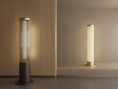 Modern Floor Lamps With Striped And Cylindrical Shades On Wooden Floor And Beige Wall 3d model