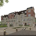 Multi story Townhouse With Red Brick Exterior Light Colored Walls And Landscaped Garden