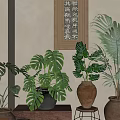 Various Indoor Bonsai Potted Plants in Terracotta Pots with Wooden Table and Chinese Calligraphy Art