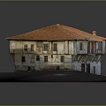 Traditional Residential Building Model With Orange Roof And Wooden Balcony