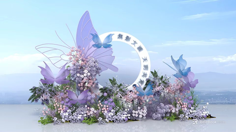 Floral Art Display with Purple Butterflies White Circular Arch Purple Pink Flowers and Green Foliage 3d model 