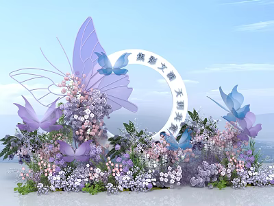 Floral Art Display with Purple Butterflies White Circular Arch Purple Pink Flowers and Green Foliage 3d model
