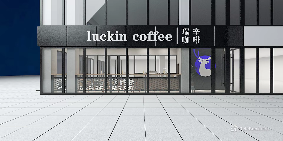 Luckin Coffee Cafe Storefront With Glass Doors And Modern Exterior Design 3d model 