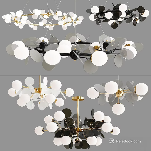 Contemporary Chandelier With White Globe Lampshades Black Metal Frame And Gold Accents 3d model 