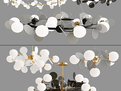 Contemporary Chandelier With White Globe Lampshades Black Metal Frame And Gold Accents 3d model