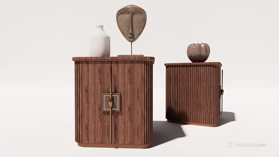 Wooden Bedside Tables Featuring Square Metal Accent Vertical Slats White Vase Abstract Sculpture Pumpkin Decor 3d model 