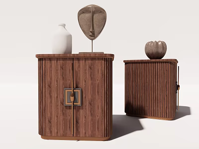 Wooden Bedside Tables Featuring Square Metal Accent Vertical Slats White Vase Abstract Sculpture Pumpkin Decor 3d model
