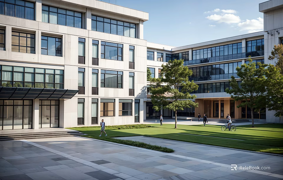 Modern School Building Exterior With Glass Windows Multiple Floors Courtyard Lawn Trees And Students Walking 3d model 
