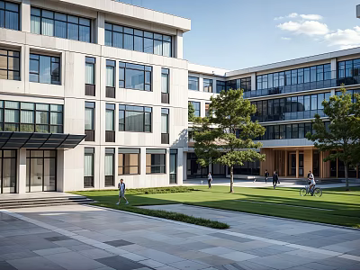 Modern School Building Exterior With Glass Windows Multiple Floors Courtyard Lawn Trees And Students Walking 3d model