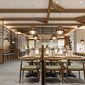 Cozy Modern Restaurant Interior With Wooden Ceiling Pendant Lights Green Cushioned Seats And Decorative Paintings