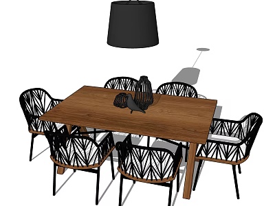 Wooden Dining Table Set With Black Leaf Patterned Chairs And Pendant Light 3d model