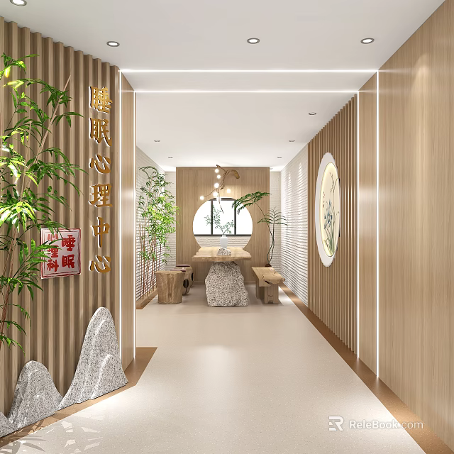 Chinese Style Elevator Hallway With Bamboo And Rock Decor 3d model 