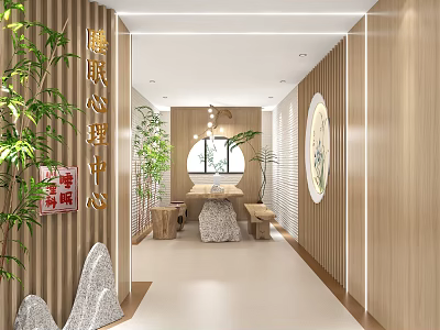 Chinese Style Elevator Hallway With Bamboo And Rock Decor 3d model