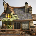 Cartoon Medieval Hut With Wooden Beams Stone Walls Lit Windows And Shield Banner