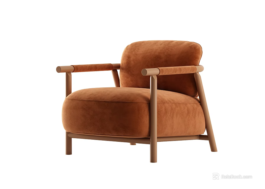 Brown Velvet Single Sofa With Wooden Arms And Legs Modern Minimalist Design 3d model 