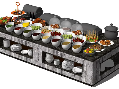 Buffet Table With Various Foods Dishes Warming Lids And Fruit Arrangement 3d model