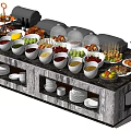 Buffet Table With Various Foods Dishes Warming Lids And Fruit Arrangement