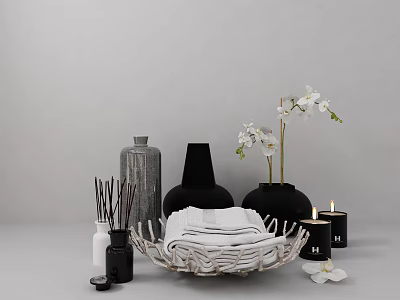 Decorative Ornament Set Featuring Vases Wicker Basket White Towels Aromatic Sticks Black Candles White Orchids 3d model