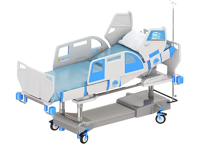 Modern Adjustable Medical Hospital Bed With Blue Mattress Wheels And IV Pole 3d model