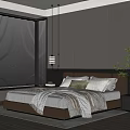 Modern Bedroom Interior With Black Blinds Vertical Striped Wall And Hanging Pendant Lights
