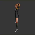 Stylish Woman With Orange Hair Black Outfit Yellow Sleeves White Shoes Standing With Arms Outstretched