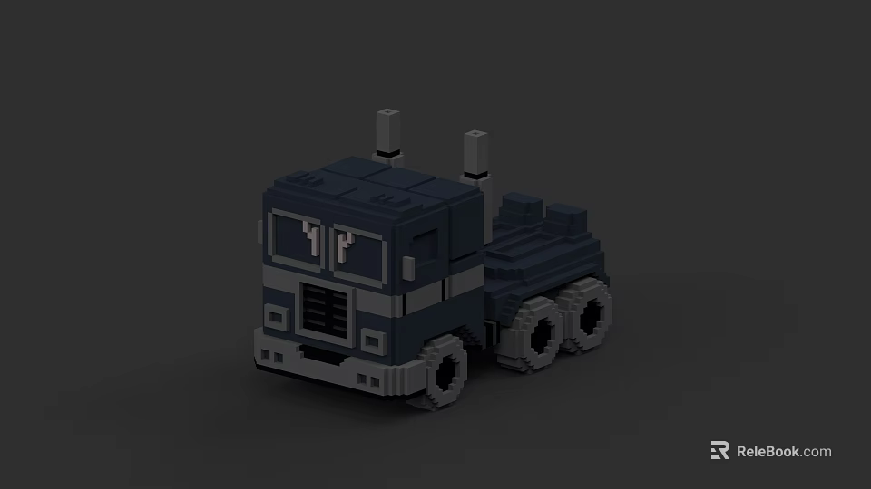 Pixel Art Blue Truck Game Character With Exhaust Pipes 1P Logo And Gray Wheels 3d model 