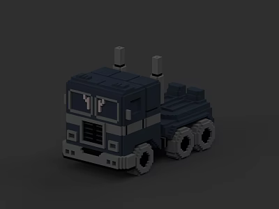 Pixel Art Blue Truck Game Character With Exhaust Pipes 1P Logo And Gray Wheels 3d model