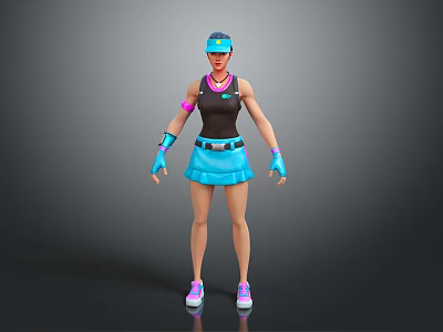 Sporty Woman In Black Tank Top Blue Skirt With Pink Sneakers And Blue Cap 3d model