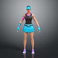 Sporty Woman In Black Tank Top Blue Skirt With Pink Sneakers And Blue Cap