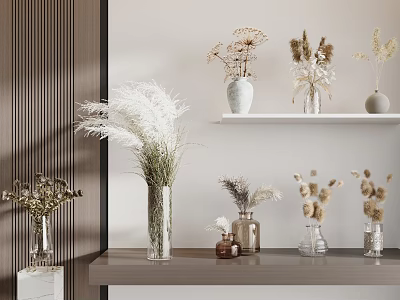 Dried Pampas Grass And Flowers In Glass And Ceramic Vases On Minimalist Shelf Table 3d model