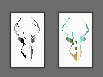 Animal Paintings Deer Head Black White Line Art And Colorful Gradient Design With Black Frames 3d model