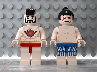 Two Lego Sumo Dolls Featuring Red Belt Blue Striped Shorts And Unique Facial Markings 3d model