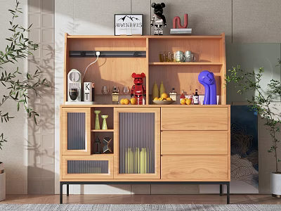 Modern Wooden Sideboard With Open Shelves Glass Doors And Decorative Items 3d model